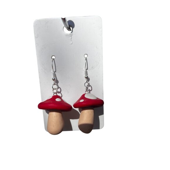 Red Mushrooms with White Dots Dangling Earrings - Picture 2 of 3